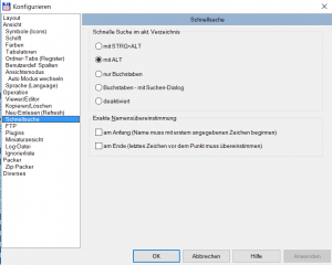 Total Commander - Einstellungen für die Schnellsuche