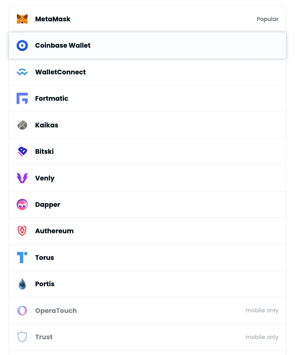 Cryptocurrency wallet providers supported by OpenSea