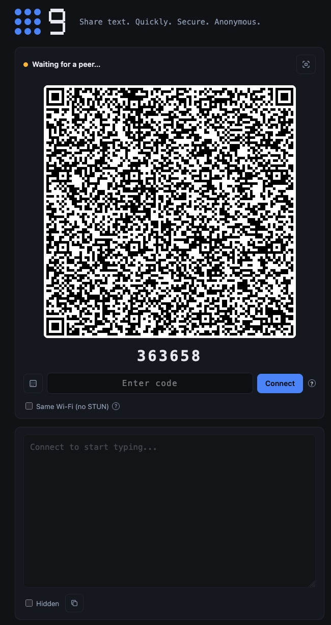 Screenshot of the 9 browser-based text sharing tool